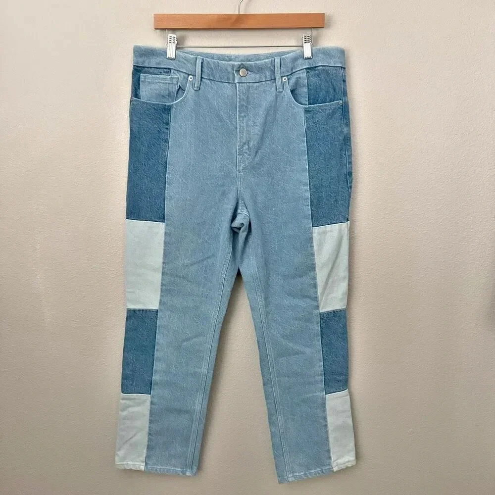 GOOD AMERICAN | Good Icon Patchwork High Waist Jeans Cropped Straight Denim | 14 - Picture 2 of 9